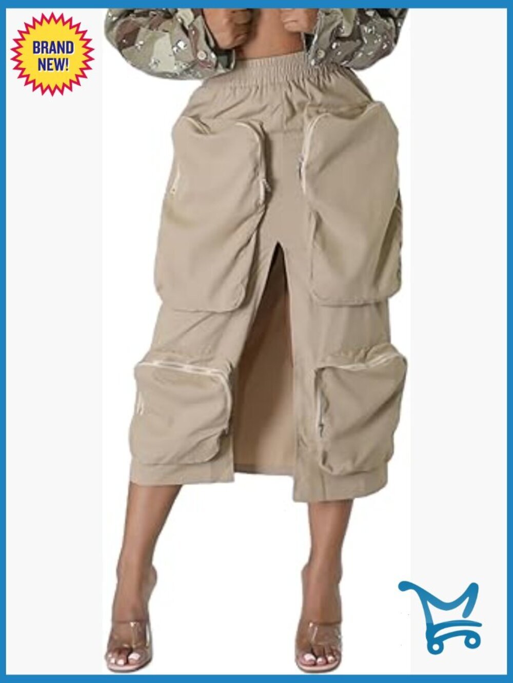 High Waist Elastic Cargo Skirt with Front Split and Pockets Y2K Midi